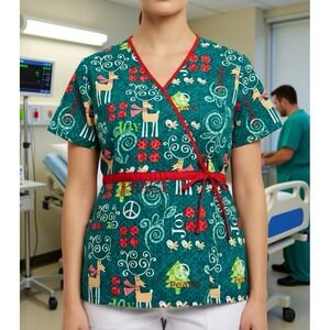 Scrub HQ Holiday Reindeer Scrub Top Women XL Teal Peace Joy Mock Wrap‎